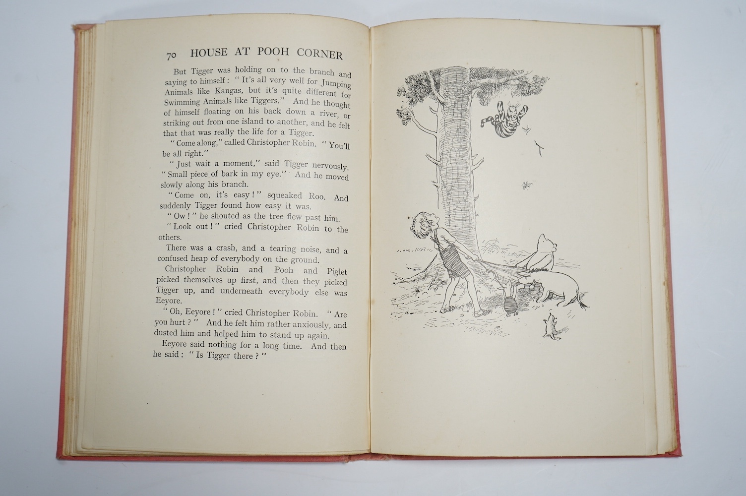 Milne, A.A - The House at Pooh Corner, 1st. edition, illustrations by Ernest H. Shepard, original cloth with gilt tooled decoration to front board, sun bleached spine, ink ownership signature to front fly-leaf, top edge